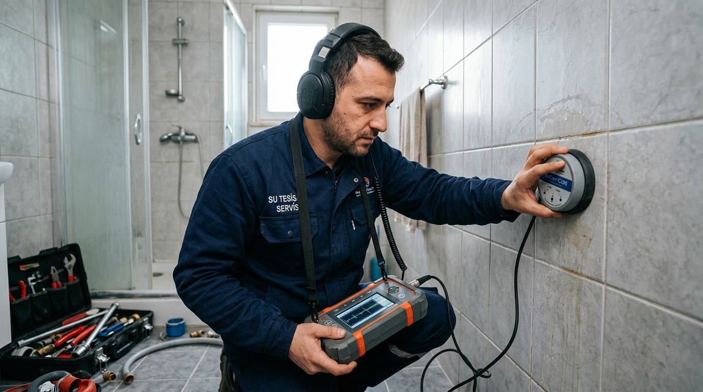 Duvarda cihazla tesisat kontrolü yapan usta