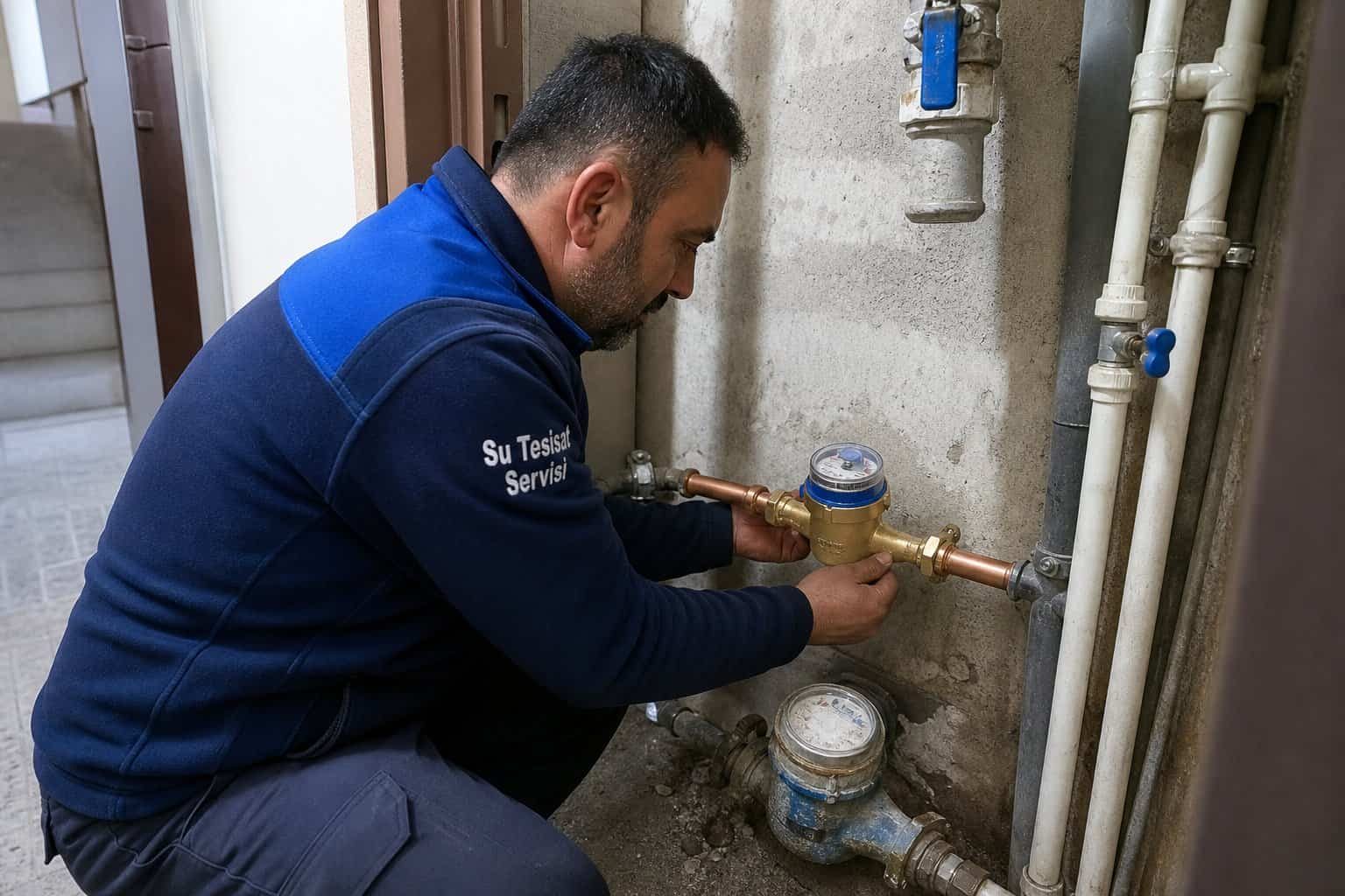 Su sayacı bağlantılarında çalışan tesisatçı
