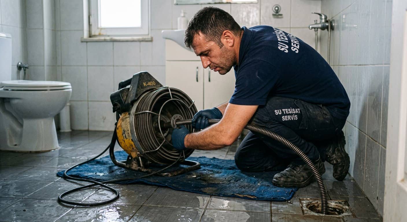 Yer giderinde mekanik kontrol yapan tesisatçı
