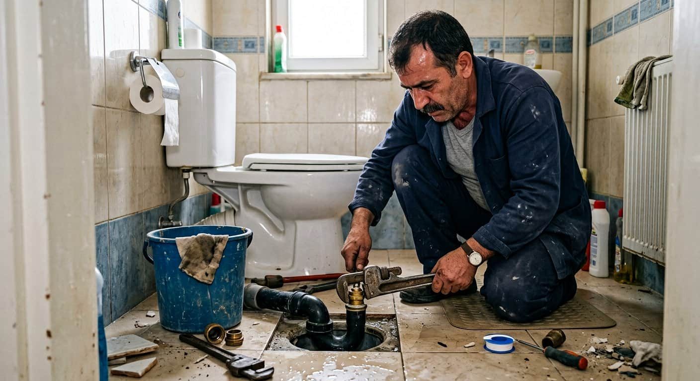 Banyo gideri üzerinde çalışan tesisatçı