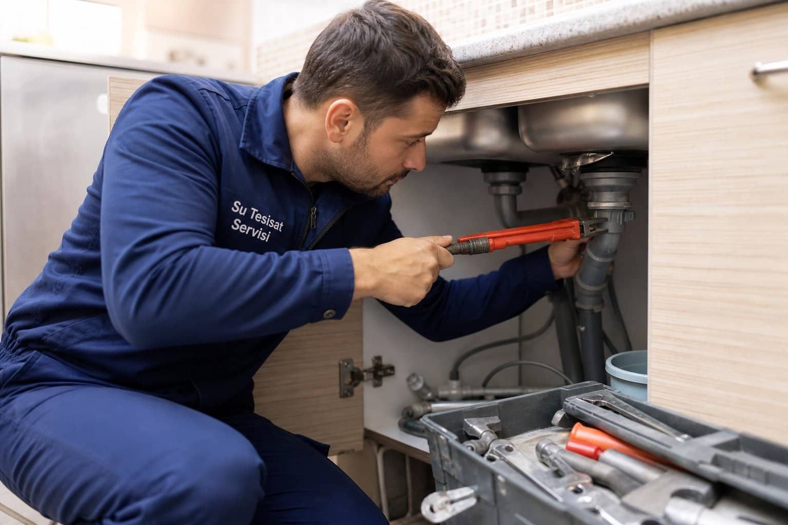 Lavabo sifonunu kontrol eden tesisatçı